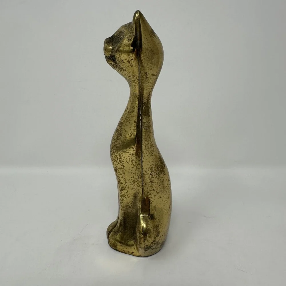 Vintage Solid Brass Cat‎ Figurine Statue Sculpture MCM Style Gold Tone Korea